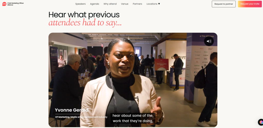 Attendee testimonial video being recorded at a CMO Alliance event, with networking and sponsor booths in the background.