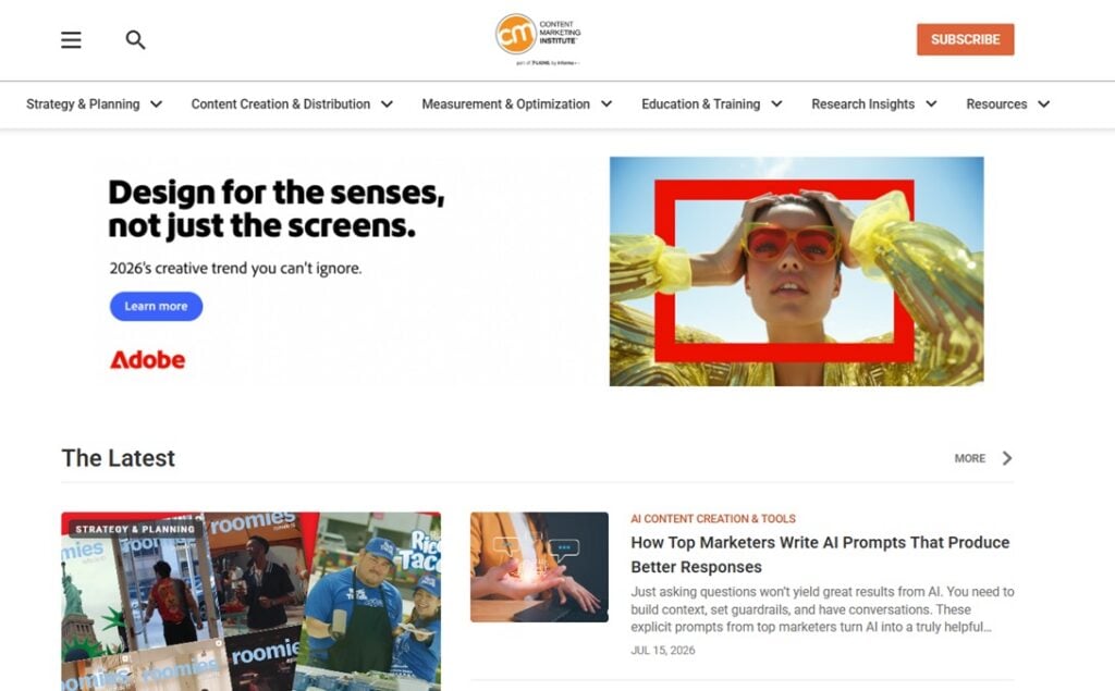 The homepage of the Content Marketing Institute