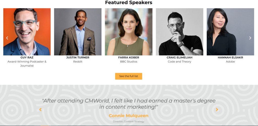 Content Marketing World website section showcasing featured keynote speakers and industry leaders.