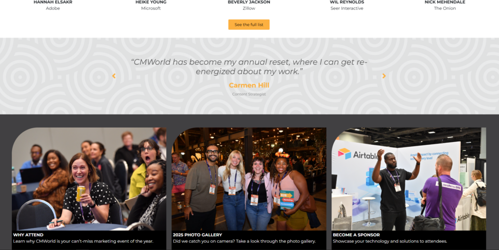 Content Marketing World website highlighting attendee engagement at the Denver, CO event in October 2026