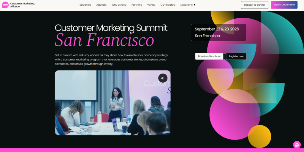 Customer Marketing Summit website featuring the San Francisco event scheduled for September 22–23, 2026.