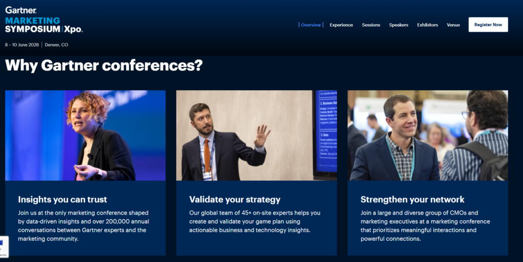 Gartner Marketing Symposium/Xpo website section highlighting keynote sessions, expert presentations, and attendee networking.