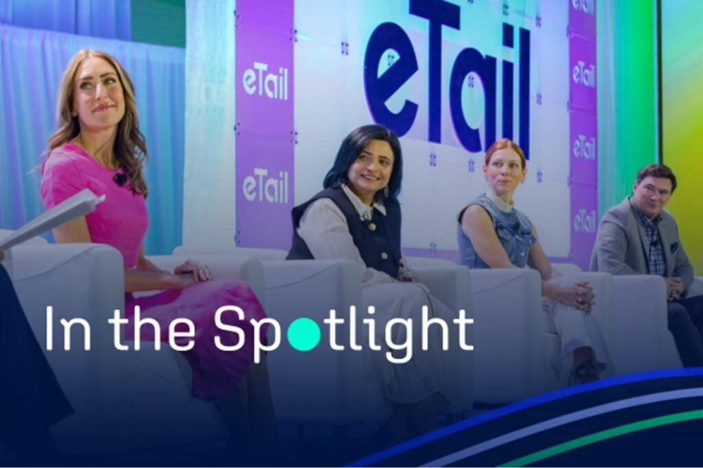 eTail East 2026 features panel discussions with industry speakers on a colorful branded stage, making it a standout marketing conference experience. Panelist of the eTail conference