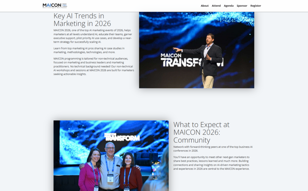 MAICON website highlighting a keynote presentation and attendee moments from the MAICON 2026 marketing conference.