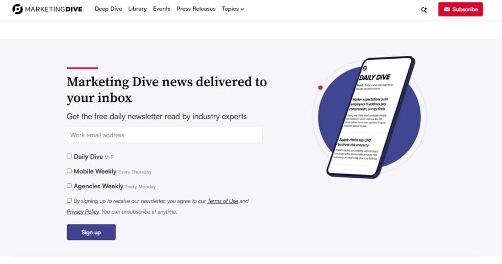 The Marketing Dive newsletter sign up page