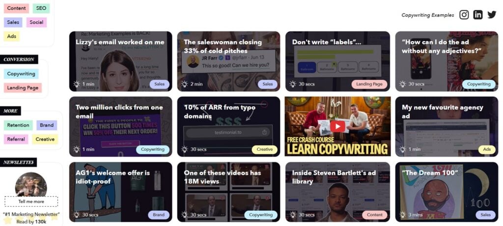 Screenshot of The Marketing Examples webpage