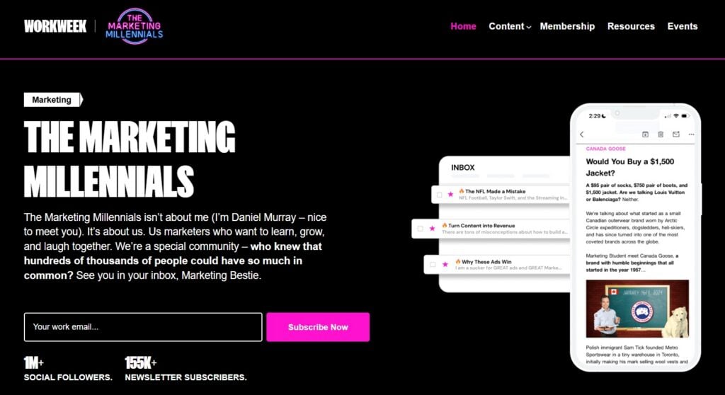 Screenshot of The Marketing Millenials' newsletter subscription page