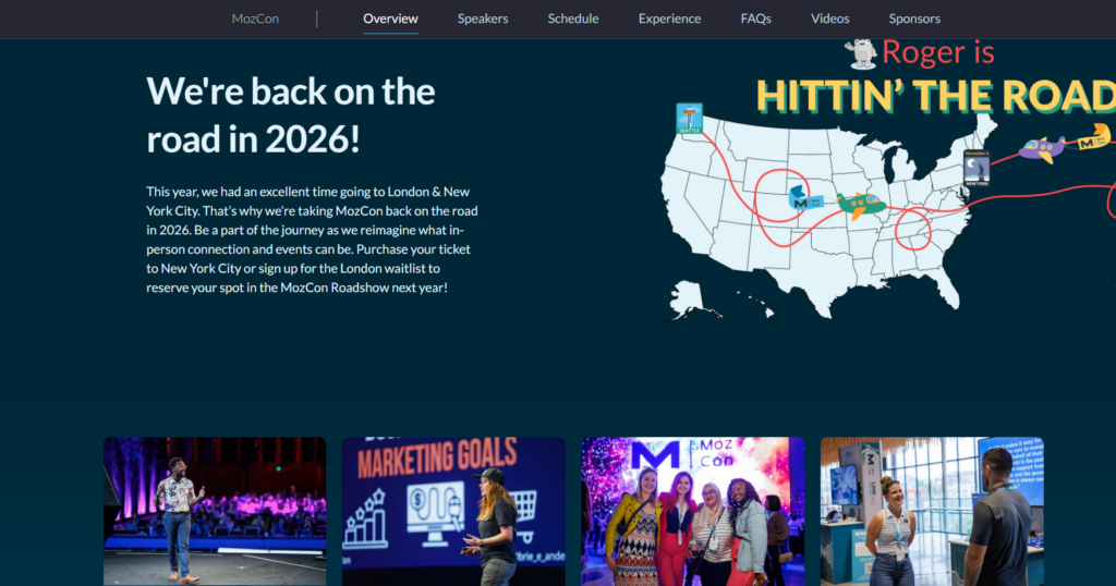MozCon website graphic showing a 2026 roadshow map with multiple U.S. cities highlighted across the country.