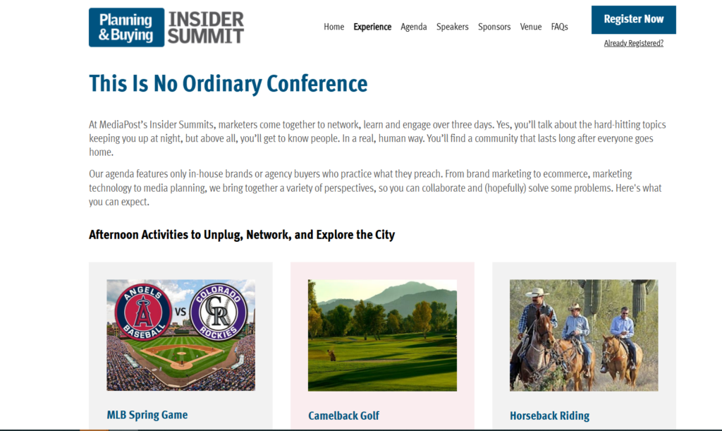 Planning &amp; Buying Insider Summit website highlighting attendee activities and experiential sessions.