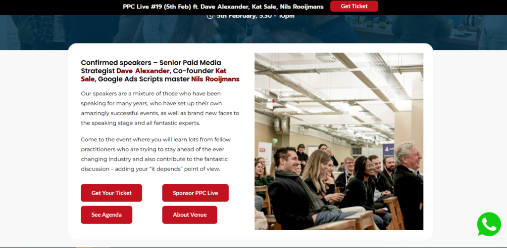 PPC Live website showing attendees listening and networking during a live paid media event session