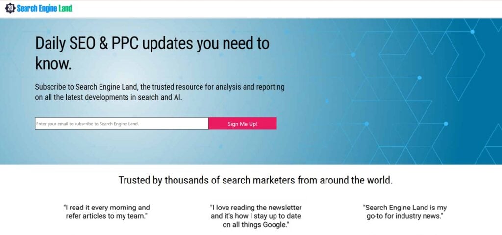 Screenshot of the Search Engine Land's newsletter sign up page