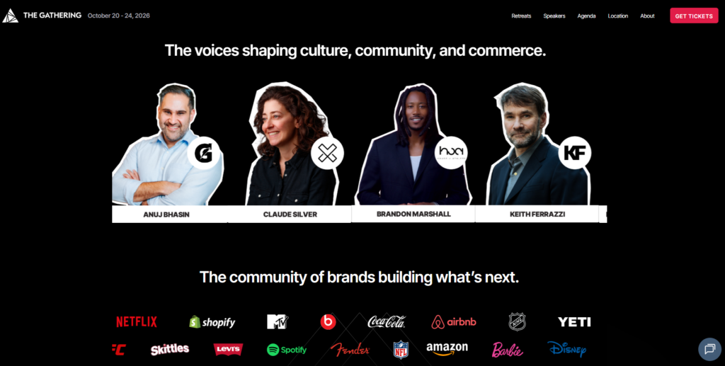 The Gathering conference visuals featuring featured speakers for the October 20–24, 2026 event.