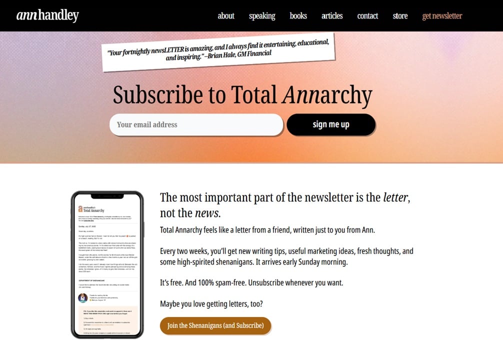 Screenshot of Total Annarchy's newsletter page
