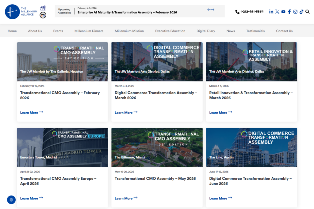 Screenshot of the Millennium Alliance CMO Conferences 2026 homepage