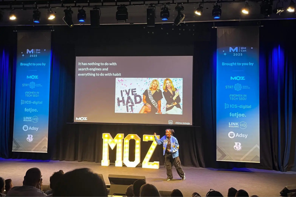 Chima Mmeje, Content Marketer and Consultant, presenting at MozCon London 2025