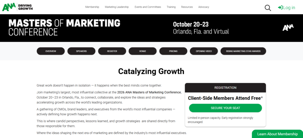 Event overview page for ANA Masters of Marketing Conference 2026