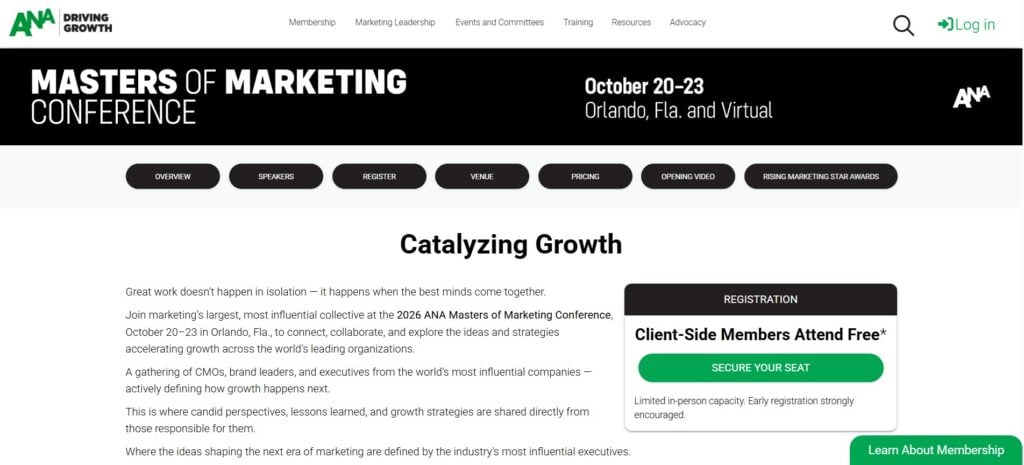 The information page for the ANA Masters of Marketing Conference 2026