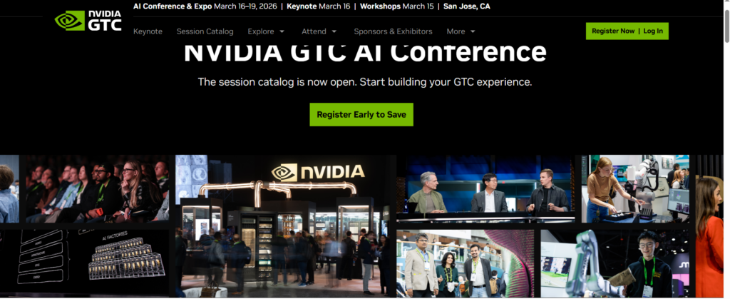 NVIDIA GTC AI Conference website displaying event highlights and attendee activity in San Jose.