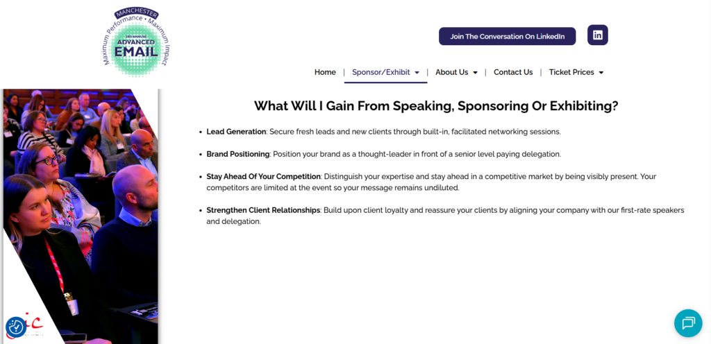 Advanced Email Conference website showing attendees listening to a presentation in Manchester, UK.