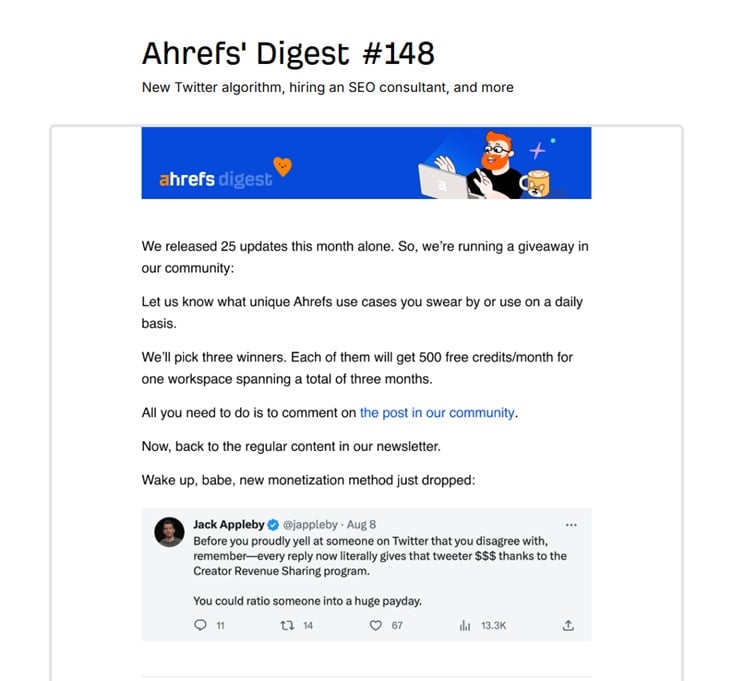 Sample of the Ahrefs's Digest newsletter