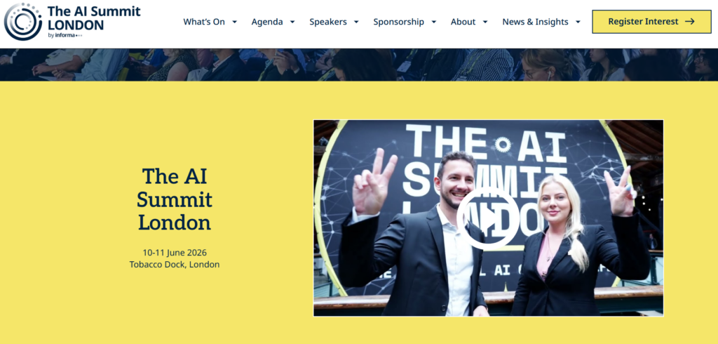 AI Summit London website showing attendees posing in front of event branding at Tobacco Dock.