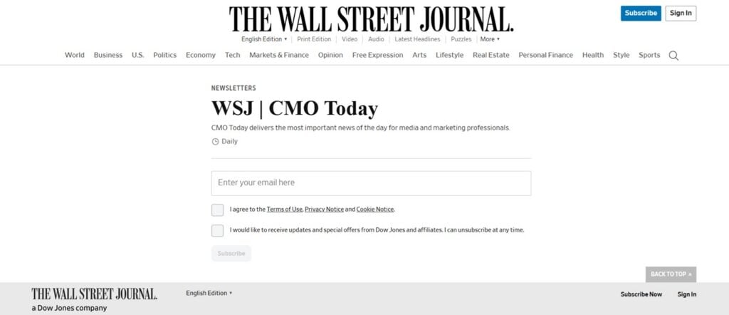 Sign up page for the CMO Today newsletter