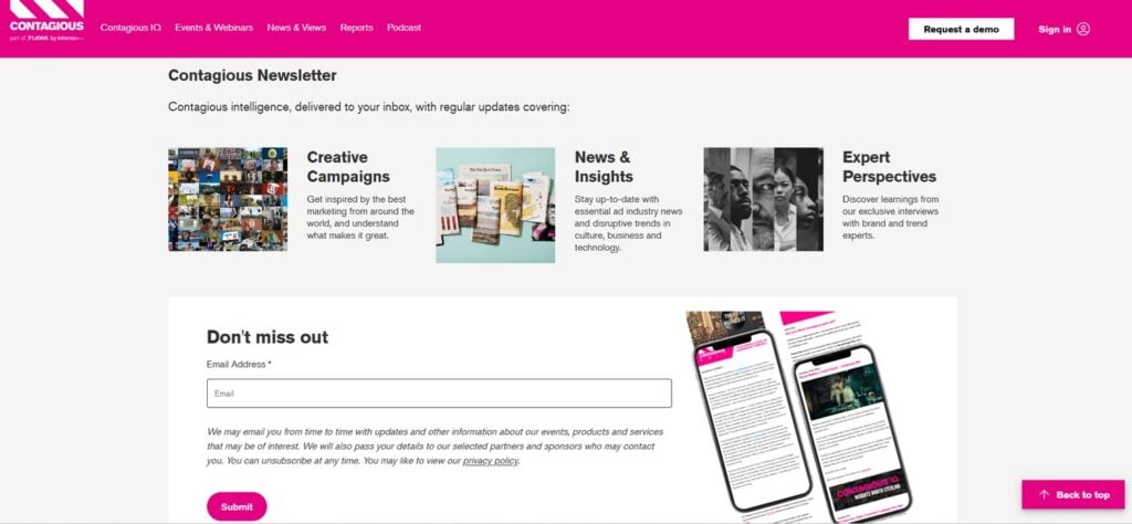 The sign up page for the Contagious Newsletter