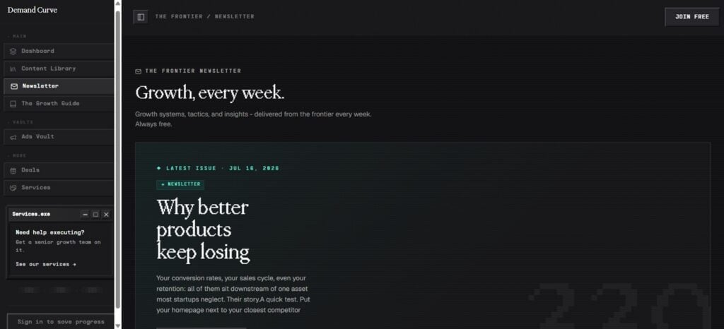 The newsletter landing page of The Frontier