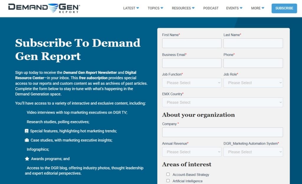 The Demand Gen Report newsletter's sign up page