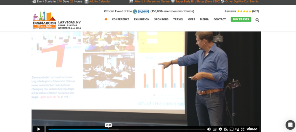 DigiMarCon World website showing a speaker presenting to an audience in Las Vegas.