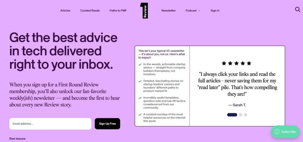 The sign up page for the First Round Review newsletter
