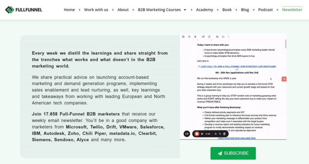 The Full -Funnel B2B newsletter landing page