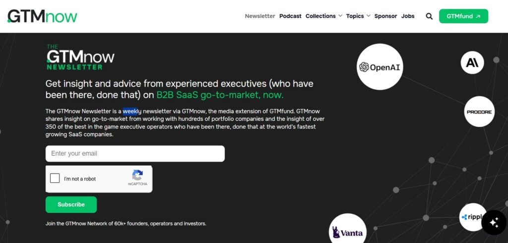 Screenshot of the sign up page for The GTMNow Newsletter