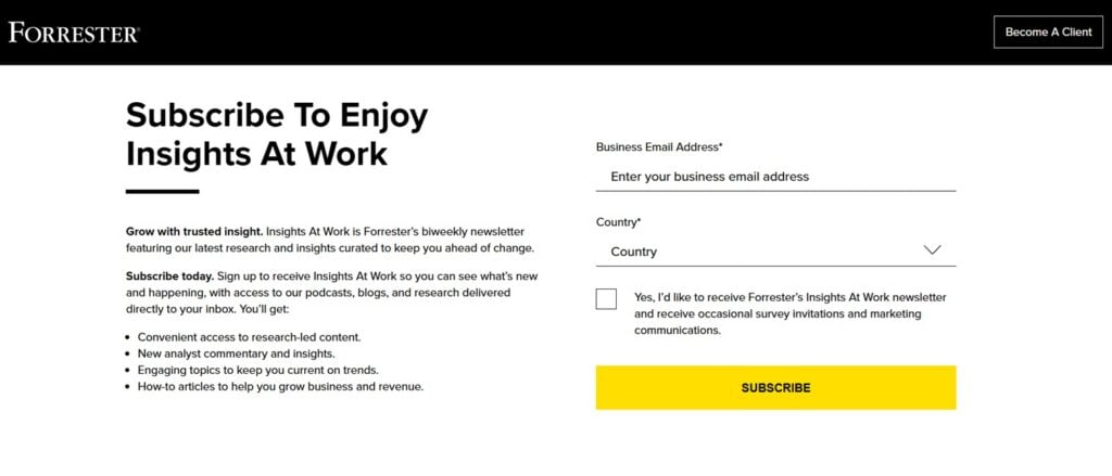 The sign up page for the Insights at Work newsletter