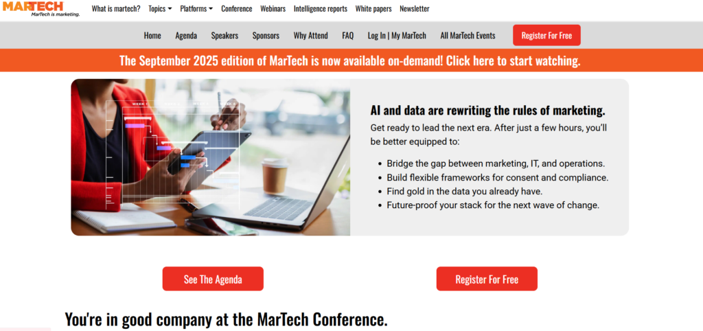 MarTech Conference website showing a marketer using analytics dashboards on a tablet and laptop.
