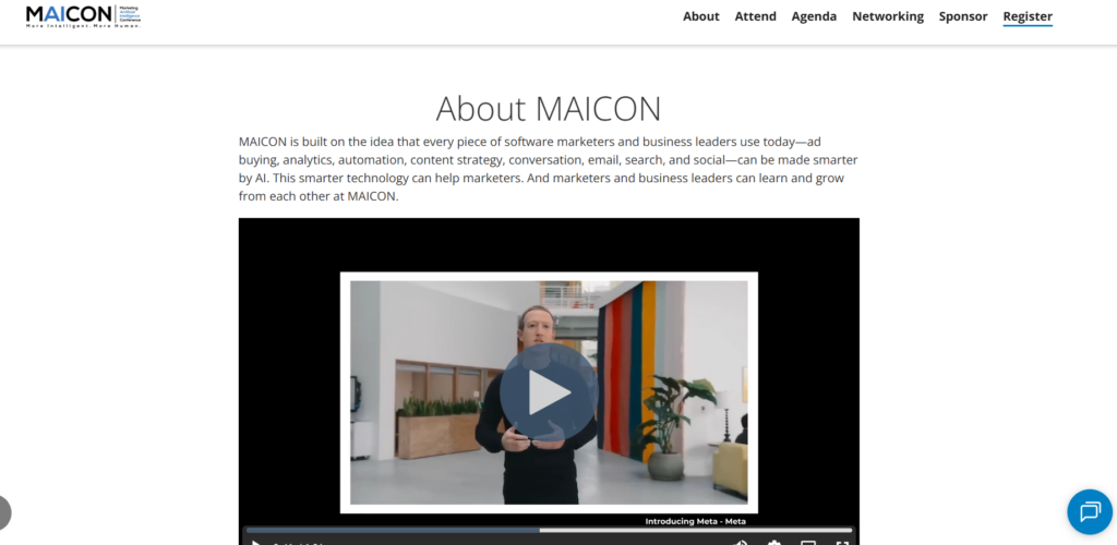 MAICON conference website showing a speaker presentation focused on AI marketing topics.