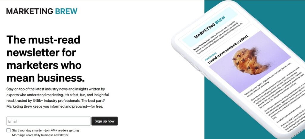 Screenshot of the sign up page for the Marketing Brew newsletter