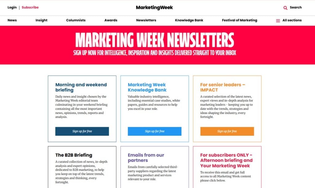 Screenshot of the Marketing Week newsletter landing page