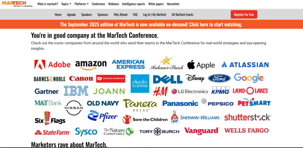 MarTech Conference website highlighting event content and participating enterprise brands.