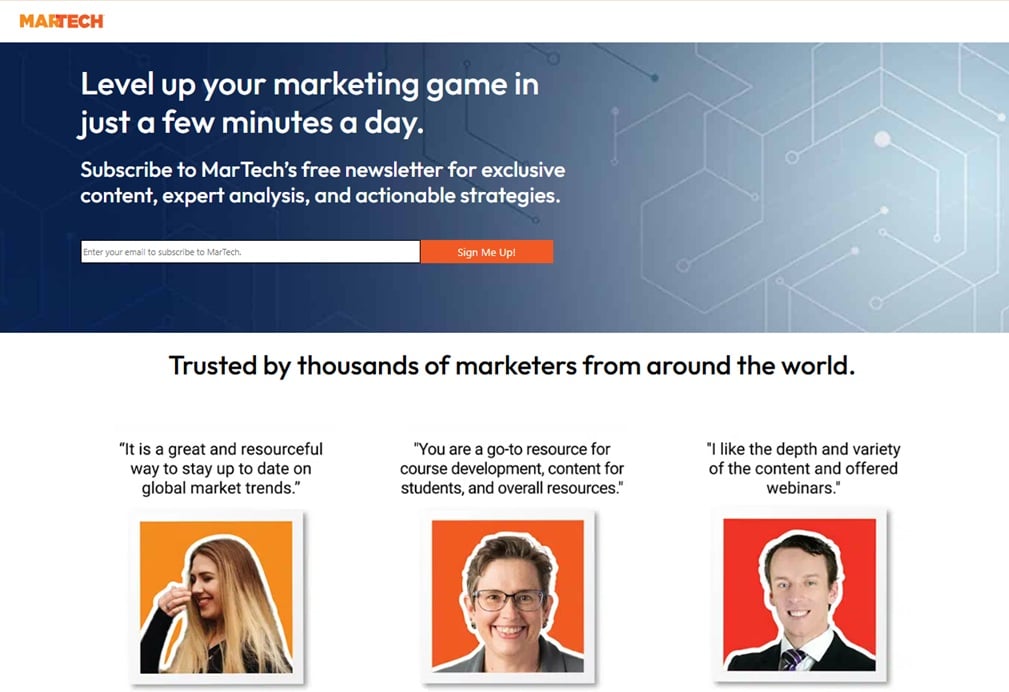 The sign up page for the Martech newsletter