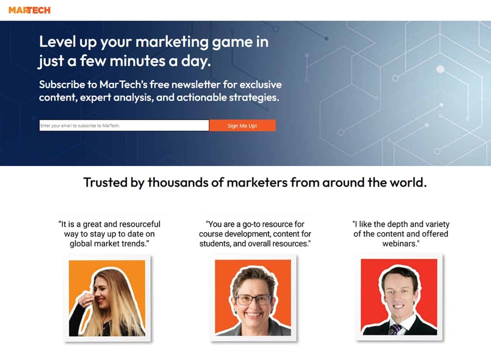 Screenshot of the sign up page for the MarTech newsletter