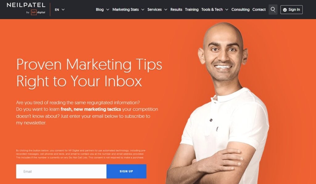 The sign up page for Neil Patel's newsletter