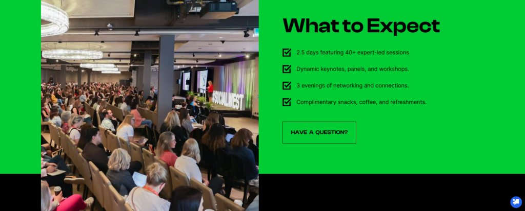 SocialWest conference website showing a packed audience attending a keynote session in Calgary.