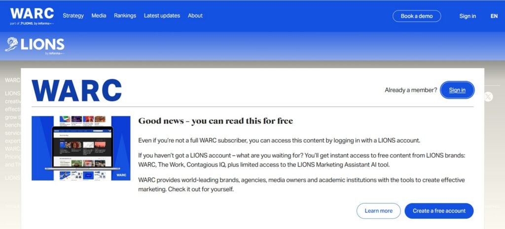Screenshot of the sign up page for the WARC Daily News