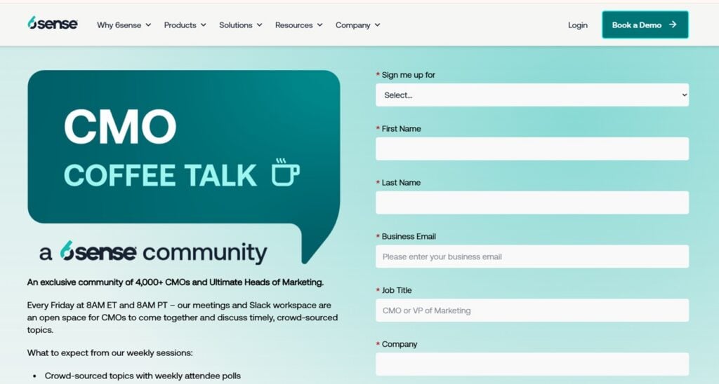 Screenshot of the sign up page for the CMO Coffee Talk