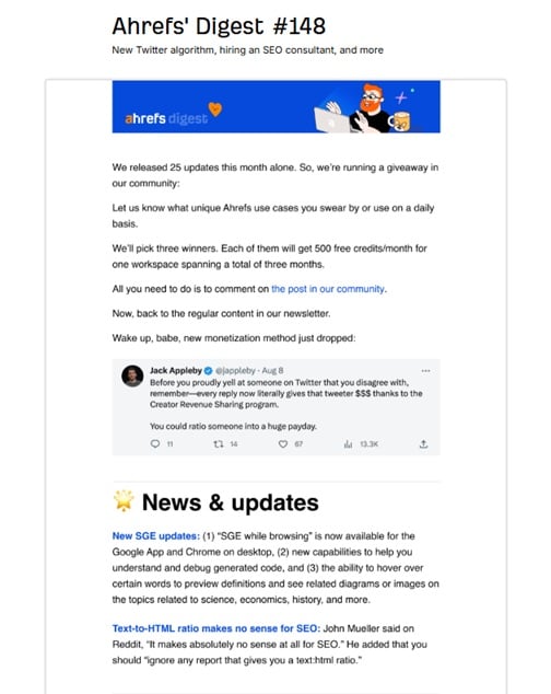 Preview of the Ahrefs' Digest newsletter