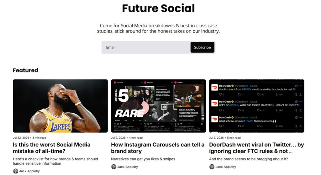 The sign up page for the Future Social's newsletter