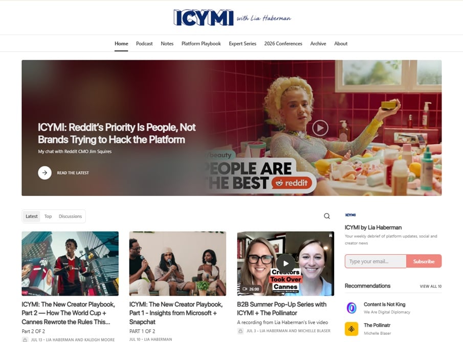 Screenshot of the homepage of ICYMI