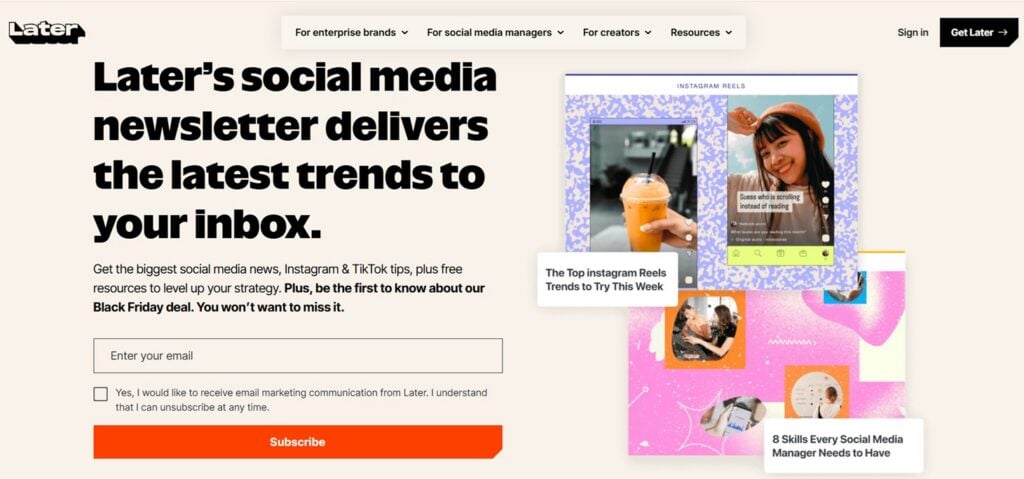 Screenshot of the sign up page for Later's social media newsletter