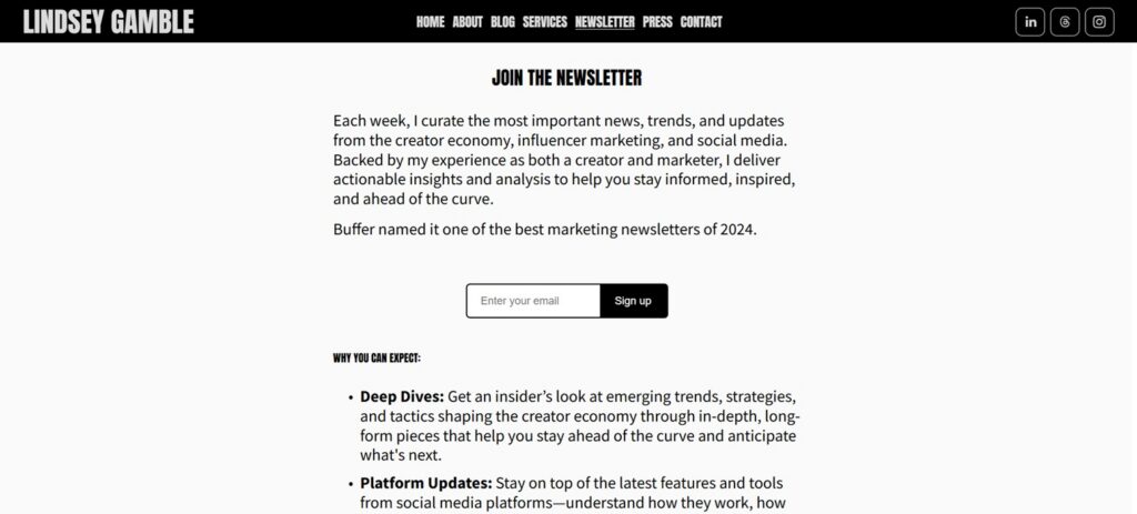 Screenshot of Lindsey Gamble newsletter's sign up page